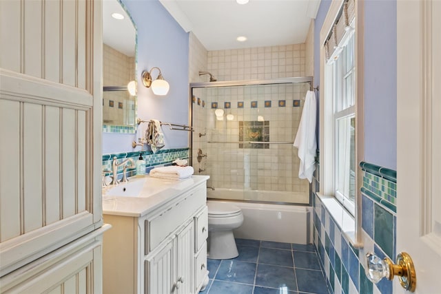5 Club Way, Mount Kisco, NY 10549 - full bath with vanity, tile patterned flooring, shower / bath combination with glass door, toilet, and recessed lighting