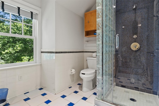 5 Club Way, Mount Kisco, NY 10549 - bathroom with tile walls, plenty of natural light, a stall shower, toilet, and wainscoting