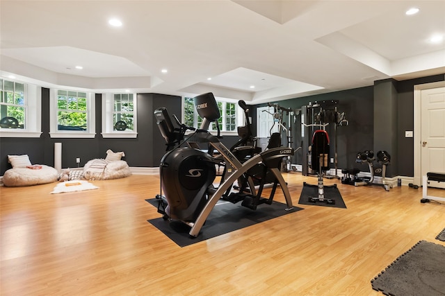 5 Club Way, Mount Kisco, NY 10549 - gym with a tray ceiling, wood finished floors, baseboards, and recessed lighting