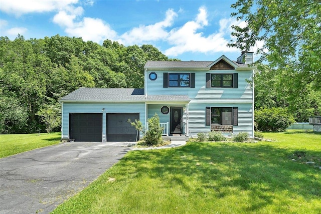 54 Capital Dr, Washingtonville, NY 10992 - traditional-style home with a chimney, a garage, driveway, and a front yard