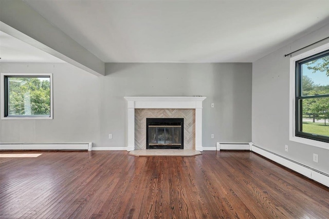 54 Capital Dr, Washingtonville, NY 10992 - unfurnished living room with a baseboard heating unit, healthy amount of natural light, and wood finished floors