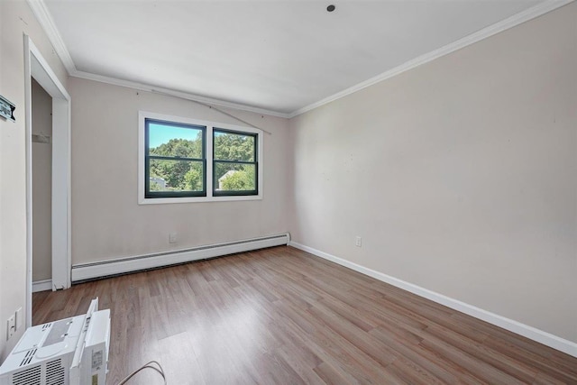 54 Capital Dr, Washingtonville, NY 10992 - unfurnished bedroom with a baseboard heating unit, wood finished floors, baseboards, and ornamental molding