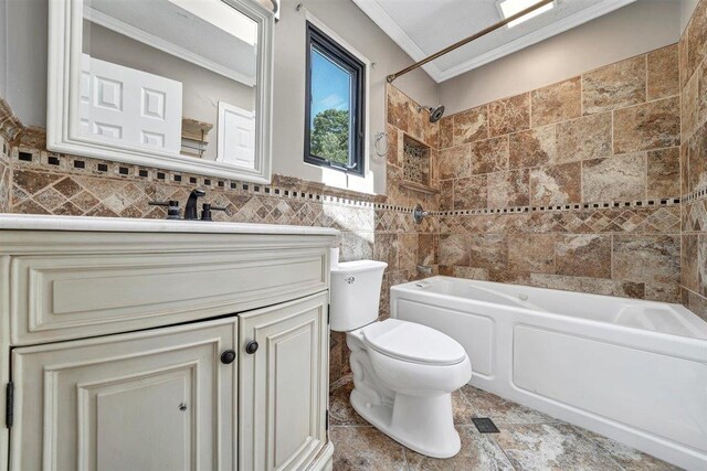 54 Capital Dr, Washingtonville, NY 10992 - full bathroom featuring tile walls, crown molding,  shower combination, toilet, and vanity