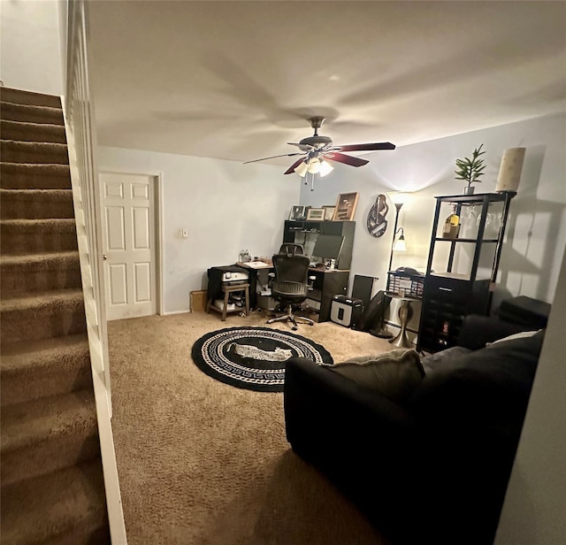 202 Doxbury Ln, Suffern, NY 10901 - living area featuring stairs, ceiling fan, a desk, and carpet floors