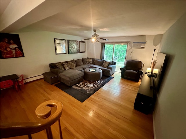 202 Doxbury Ln, Suffern, NY 10901 - living area featuring wood finished floors, a baseboard heating unit, ceiling fan, and an AC wall unit