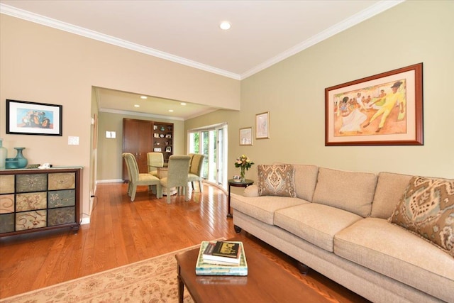 10 Linda Ln, Plainview, NY 11803 - living room featuring ornamental molding, wood finished floors, baseboards, and recessed lighting