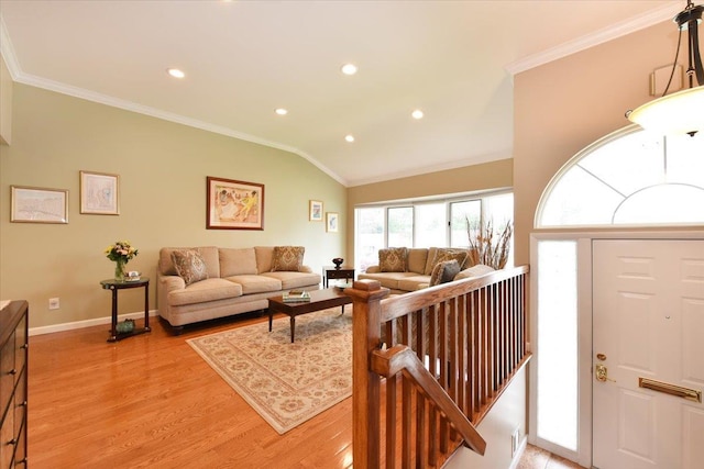 10 Linda Ln, Plainview, NY 11803 - living room with light wood-type flooring, crown molding, lofted ceiling, recessed lighting, and baseboards
