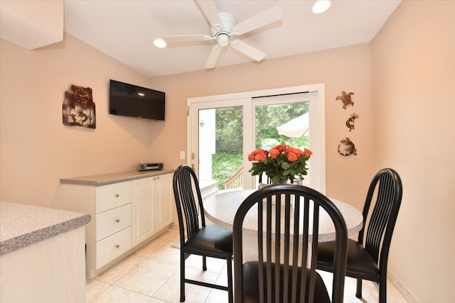 10 Linda Ln, Plainview, NY 11803 - dining room with a ceiling fan, light tile patterned floors, and recessed lighting