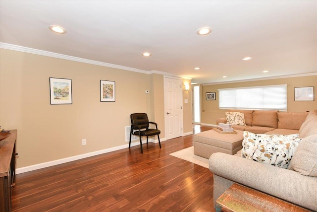 10 Linda Ln, Plainview, NY 11803 - living area with ornamental molding, baseboards, dark wood-style floors, and recessed lighting