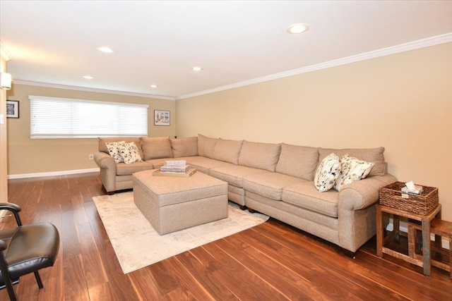 10 Linda Ln, Plainview, NY 11803 - living room with dark wood-style floors, ornamental molding, baseboards, and recessed lighting