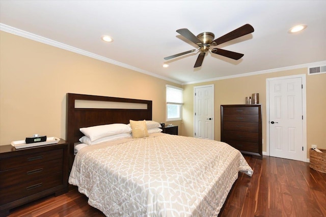 10 Linda Ln, Plainview, NY 11803 - bedroom featuring crown molding, dark wood-style flooring, recessed lighting, ceiling fan, and baseboards