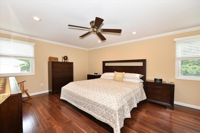10 Linda Ln, Plainview, NY 11803 - bedroom with multiple windows, baseboards, dark wood-type flooring, crown molding, and recessed lighting