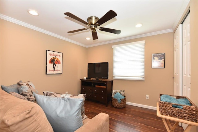10 Linda Ln, Plainview, NY 11803 - living room with wood-type flooring, ornamental molding, ceiling fan, baseboards, and recessed lighting