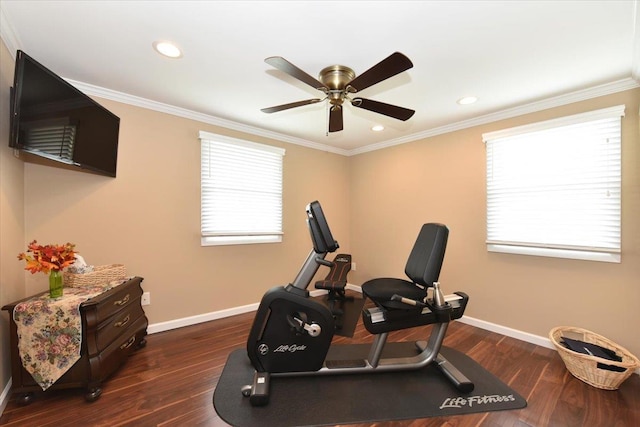 10 Linda Ln, Plainview, NY 11803 - workout room featuring a ceiling fan, baseboards, dark wood-style flooring, recessed lighting, and ornamental molding