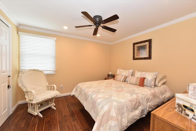 10 Linda Ln, Plainview, NY 11803 - bedroom with dark wood-type flooring, baseboards, ornamental molding, ceiling fan, and recessed lighting