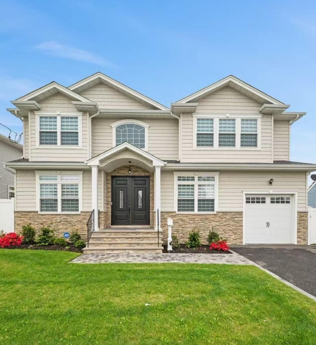 1427 Bellmore Rd, North Bellmore, NY 11710 - view of front of property with stone siding, asphalt driveway, a front lawn, and a garage