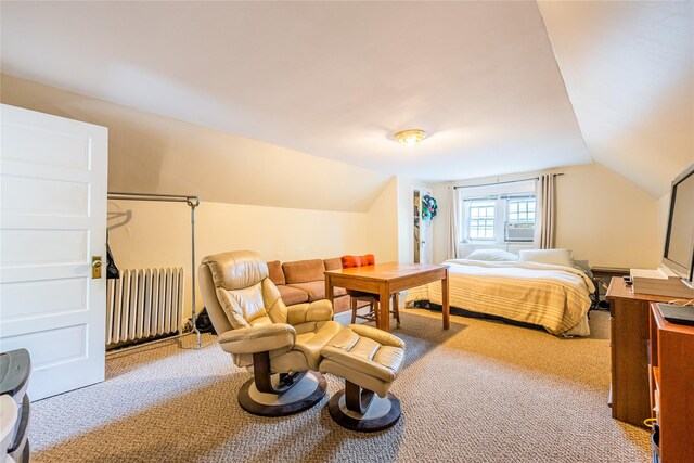 5 Cary Rd, Great Neck, NY 11021 - bedroom with radiator, carpet floors, lofted ceiling, and cooling unit
