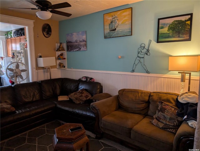 16837 90th Ave, Jamaica, NY 11432 - living room with a wainscoted wall and a ceiling fan