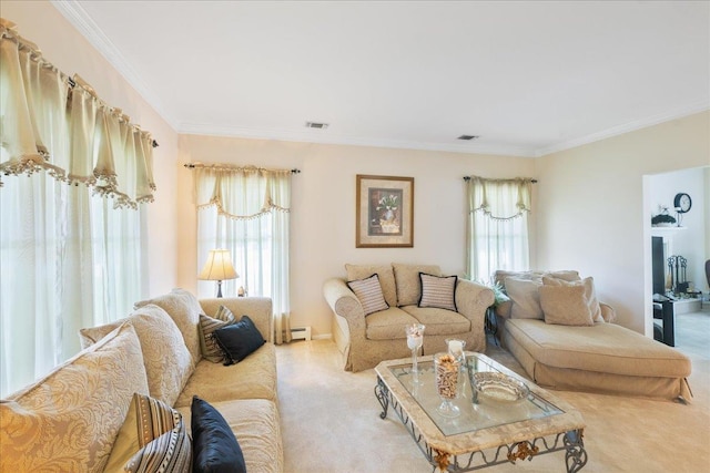 2 Moor Ln, East Patchogue, NY 11772 - carpeted living room featuring plenty of natural light, ornamental molding, and a baseboard radiator