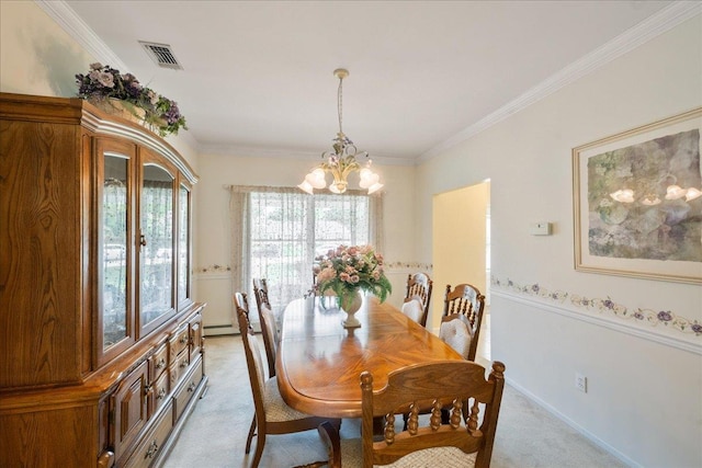 2 Moor Ln, East Patchogue, NY 11772 - dining space featuring light colored carpet, a chandelier, ornamental molding, a baseboard heating unit, and baseboards