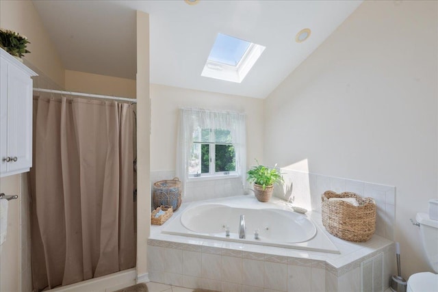 2 Moor Ln, East Patchogue, NY 11772 - bathroom featuring a skylight, a tub with jets, a shower with shower curtain, vaulted ceiling, and toilet