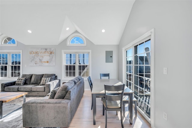 68 Brookline Ave, East Atlantic Beach, NY 11561 - living area with vaulted ceiling, light wood-type flooring, electric panel, healthy amount of natural light, and recessed lighting