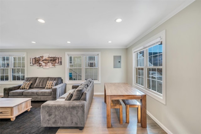68 Brookline Ave, East Atlantic Beach, NY 11561 - living room with electric panel, recessed lighting, ornamental molding, baseboards, and dark wood-style flooring