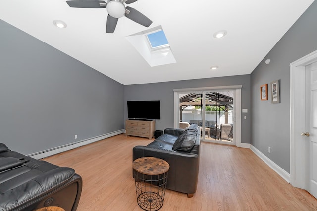 1450 Tadmor St, Merrick, NY 11566 - living room with a baseboard heating unit, light wood-style flooring, a skylight, ceiling fan, and recessed lighting