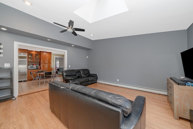 1450 Tadmor St, Merrick, NY 11566 - living area with a baseboard heating unit, light wood-type flooring, ceiling fan, a skylight, and recessed lighting