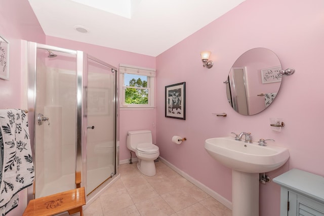 1450 Tadmor St, Merrick, NY 11566 - full bathroom with a stall shower, toilet, tile patterned flooring, and baseboards