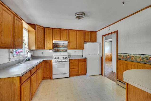 34 Leeside Dr, Carmel, NY 10512 - kitchen featuring white appliances, a sink, under cabinet range hood, a baseboard radiator, and light flooring