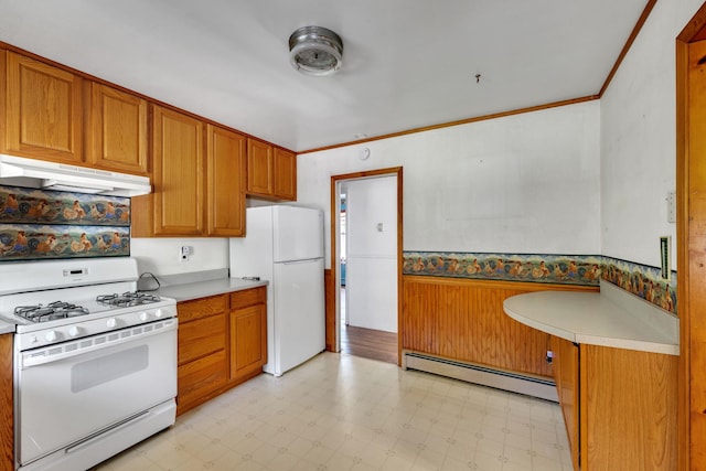 34 Leeside Dr, Carmel, NY 10512 - kitchen with white appliances, a baseboard radiator, under cabinet range hood, light flooring, and light countertops