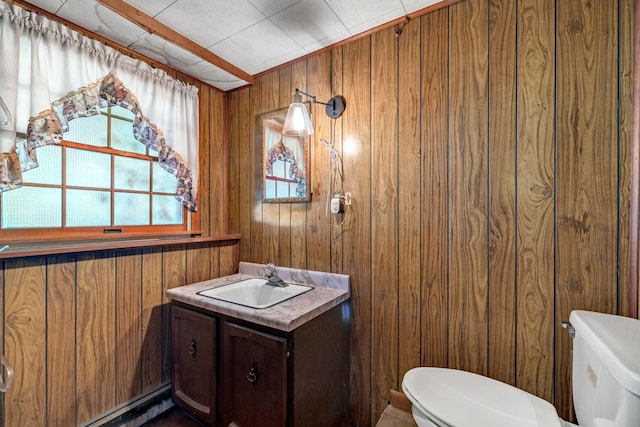 34 Leeside Dr, Carmel, NY 10512 - bathroom with toilet, wooden walls, vanity, and a baseboard heating unit