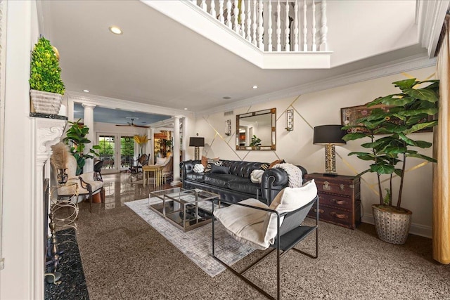 10 Bulaire, East Rockaway, NY 11518 - living room featuring crown molding, ceiling fan, and recessed lighting