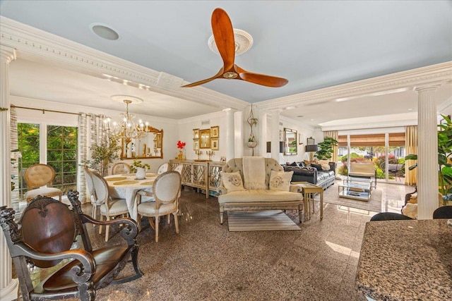 10 Bulaire, East Rockaway, NY 11518 - living area featuring decorative columns, crown molding, ceiling fan, granite floors, and a chandelier