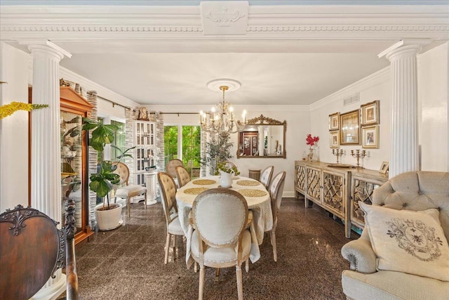 10 Bulaire, East Rockaway, NY 11518 - dining room featuring crown molding, decorative columns, a chandelier, and baseboards