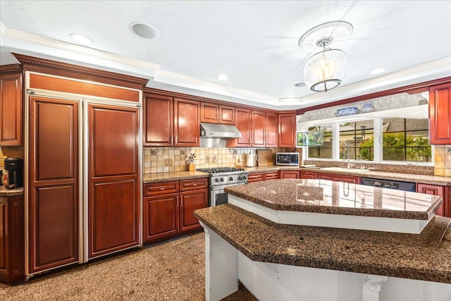 10 Bulaire, East Rockaway, NY 11518 - kitchen with under cabinet range hood, appliances with stainless steel finishes, ornamental molding, a center island, and tasteful backsplash