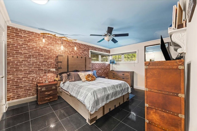 10 Bulaire, East Rockaway, NY 11518 - tiled bedroom with brick wall, baseboards, ornamental molding, and a ceiling fan