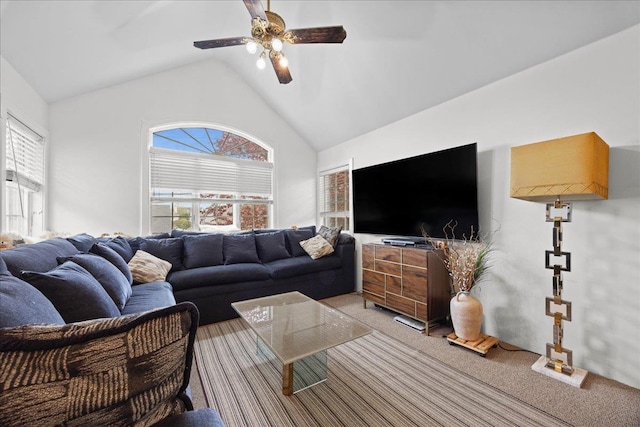 10 Bulaire, East Rockaway, NY 11518 - living room with light colored carpet, a ceiling fan, and high vaulted ceiling