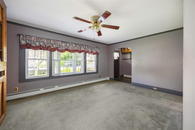 13 Cedar Ln, Poughkeepsie, NY 12601 - unfurnished living room with carpet flooring, a baseboard radiator, arched walkways, a ceiling fan, and ornamental molding