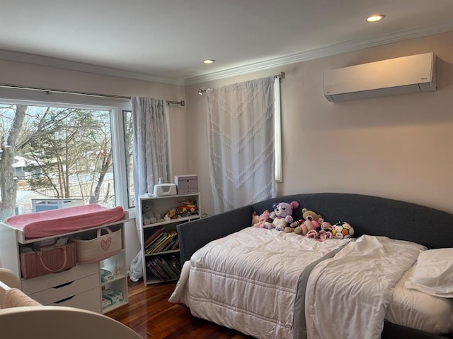 14 Cornfield Ln, Commack, NY 11725 - bedroom with a wall unit AC, wood finished floors, ornamental molding, and recessed lighting