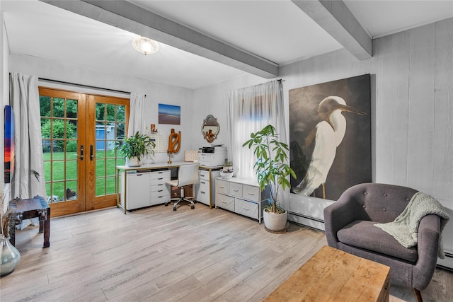123 Maple Ave, Northport, NY 11768 - sitting room with beamed ceiling, french doors, light wood-style flooring, and a desk