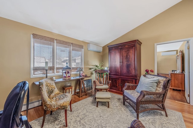 51 Pewter Ln, Hicksville, NY 11801 - sitting room with a wall unit AC, vaulted ceiling, wood finished floors, and a baseboard heating unit