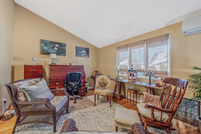 51 Pewter Ln, Hicksville, NY 11801 - sitting room with wood finished floors, lofted ceiling, an office area, an AC wall unit, and baseboard heating
