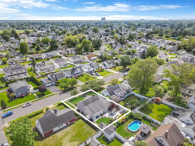51 Pewter Ln, Hicksville, NY 11801 - aerial view of residential area with property boundaries highlighted and a pool area