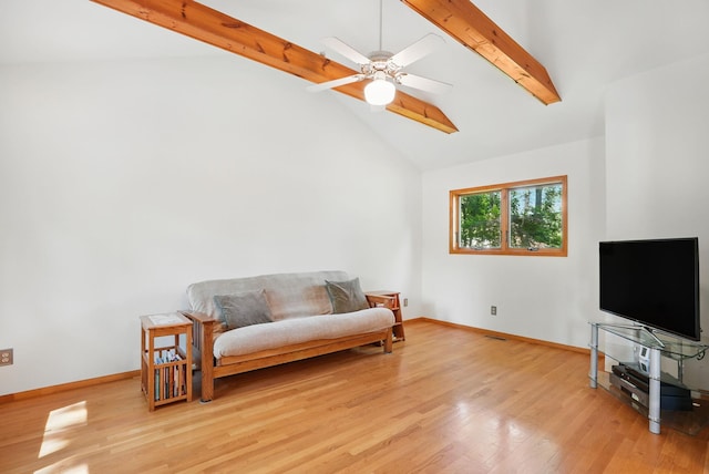 7 Adele Ct, Montrose, NY 10567 - sitting room featuring beam ceiling, light wood-type flooring, baseboards, ceiling fan, and high vaulted ceiling