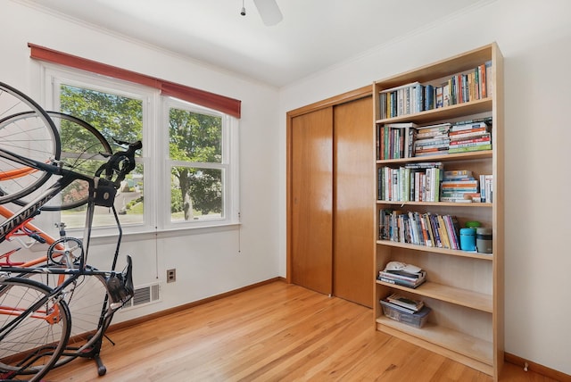 7 Adele Ct, Montrose, NY 10567 - exercise room featuring wood finished floors, ornamental molding, baseboards, and a ceiling fan