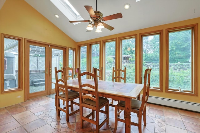 29 Jackson Dr, Stony Point, NY 10980 - dining area featuring lofted ceiling, a skylight, a ceiling fan, recessed lighting, and baseboard heating