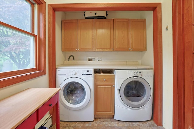 29 Jackson Dr, Stony Point, NY 10980 - washroom with cabinet space, a baseboard heating unit, and washing machine and clothes dryer