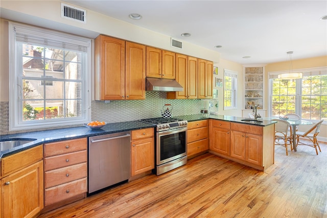 2740 Netherland Ave, Bronx, NY 10463 - kitchen with appliances with stainless steel finishes, under cabinet range hood, a sink, light wood-style floors, and a peninsula